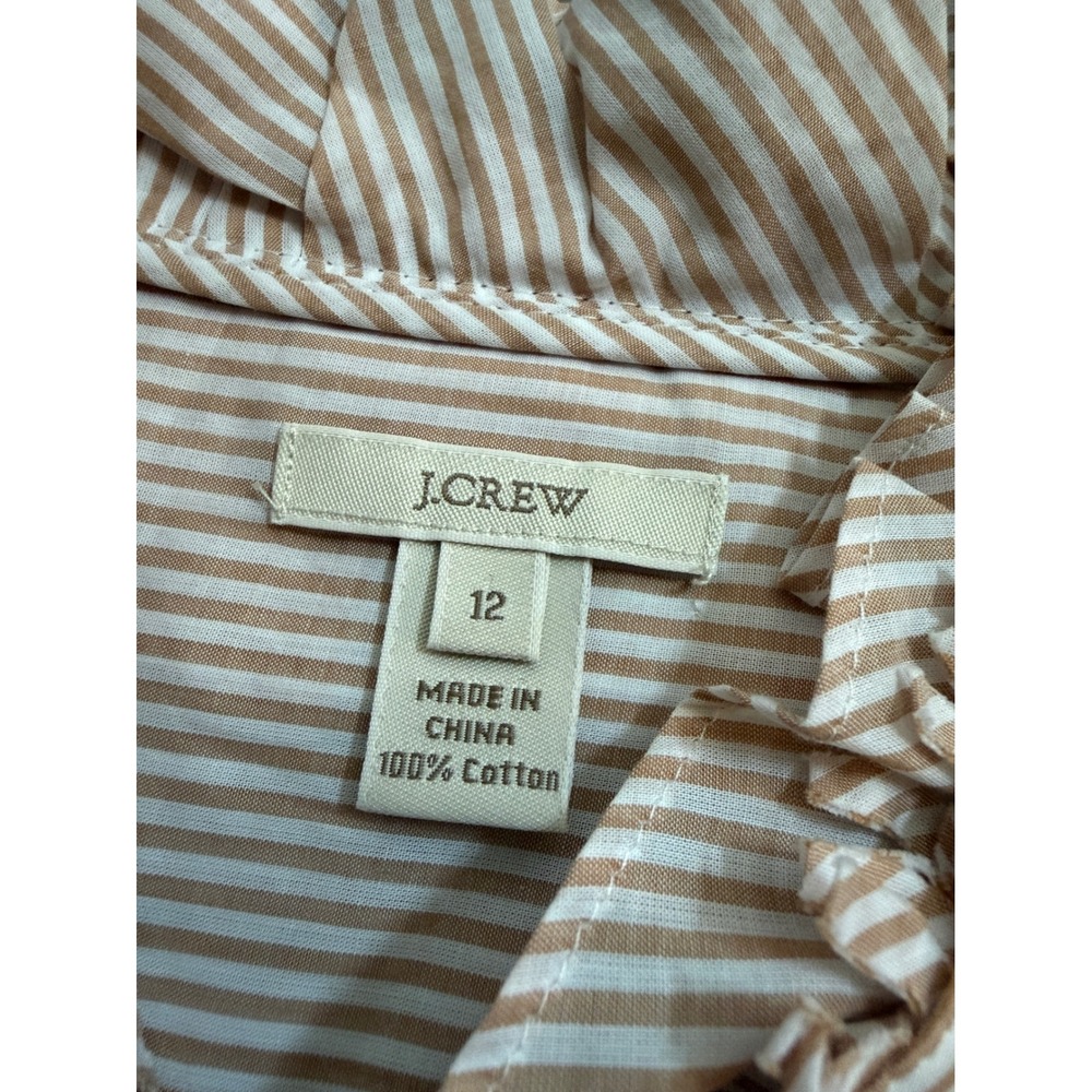 J.Crew Womens Tan White Striped Ruffle Tuxedo Bib Cotton Blouse Shirt‎ Size 12 - Picture 2 of 5